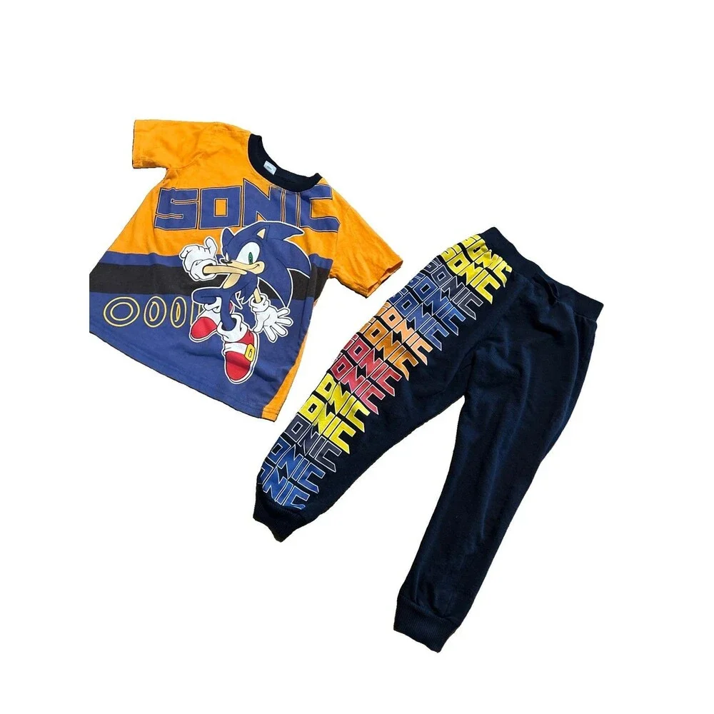 Sonic The Hedgehog Orange Navy Short Sleeve Shirt And Jogging Pants Size 7